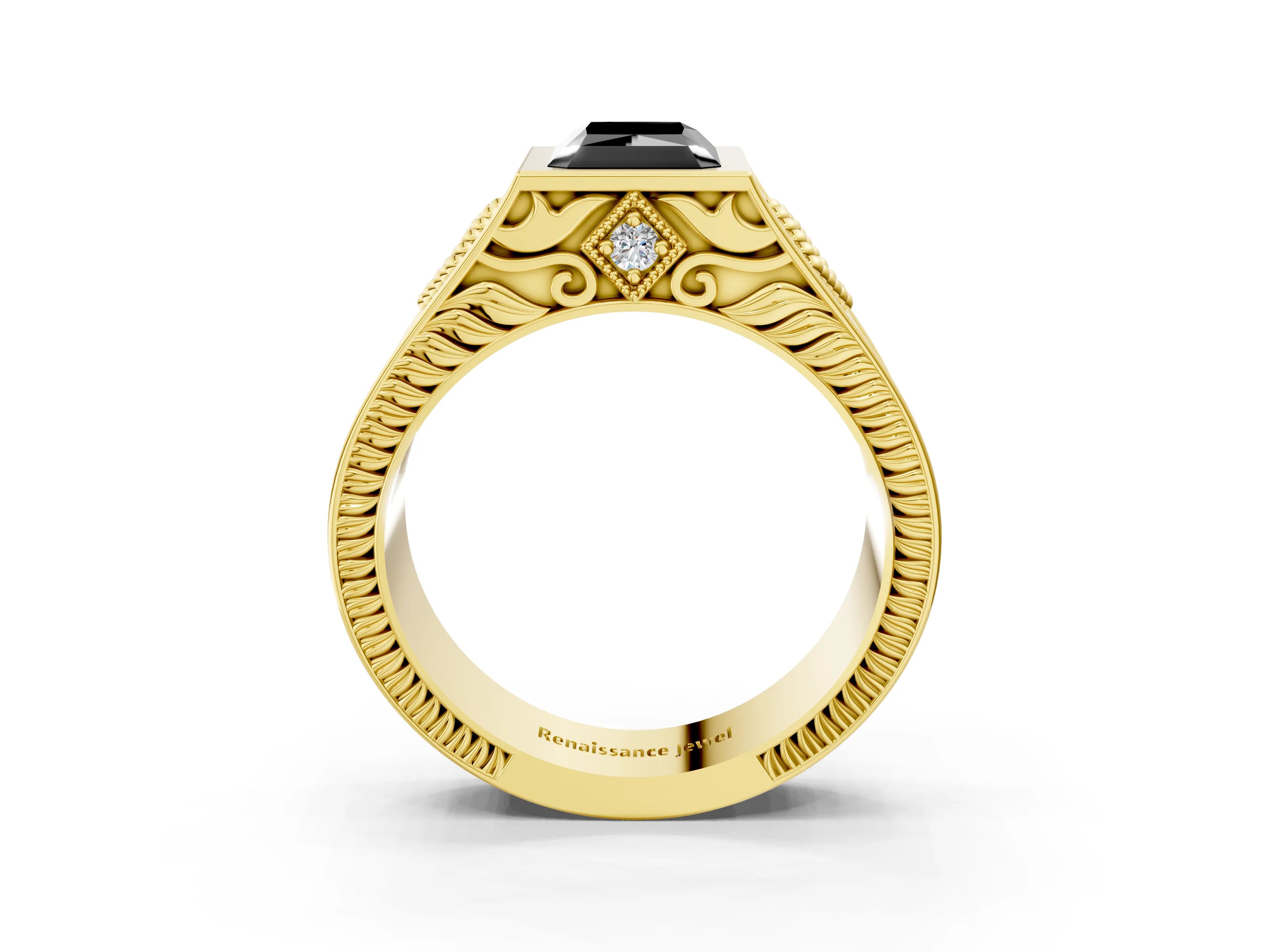 Yellow gold Hexagonal Bezel Fancy Black Radiant Cut Diamond Engraved Band Prong Ring_3