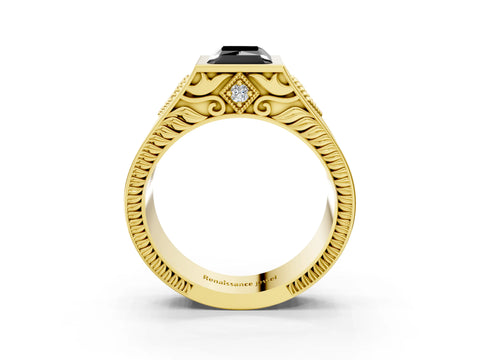 Yellow gold Hexagonal Bezel Fancy Black Radiant Cut Diamond Engraved Band Prong Ring_3