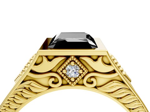 Yellow gold Hexagonal Bezel Fancy Black Radiant Cut Diamond Engraved Band Prong Ring_4