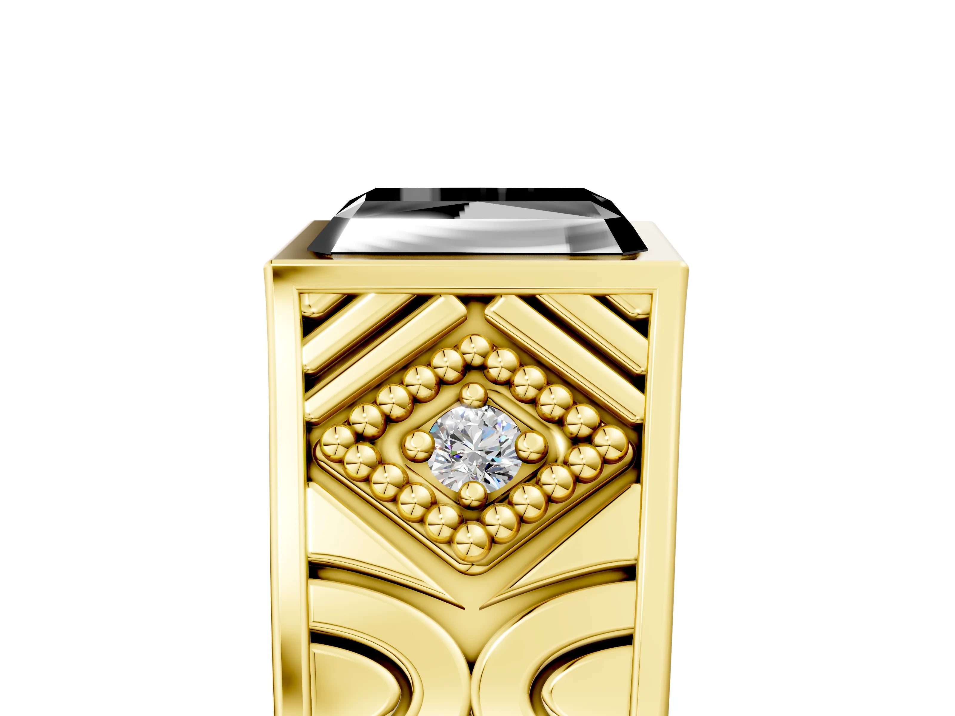 Yellow gold Hexagonal Bezel Fancy Black Radiant Cut Diamond Engraved Band Prong Ring_5