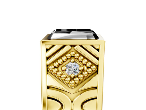 Yellow gold Hexagonal Bezel Fancy Black Radiant Cut Diamond Engraved Band Prong Ring_5