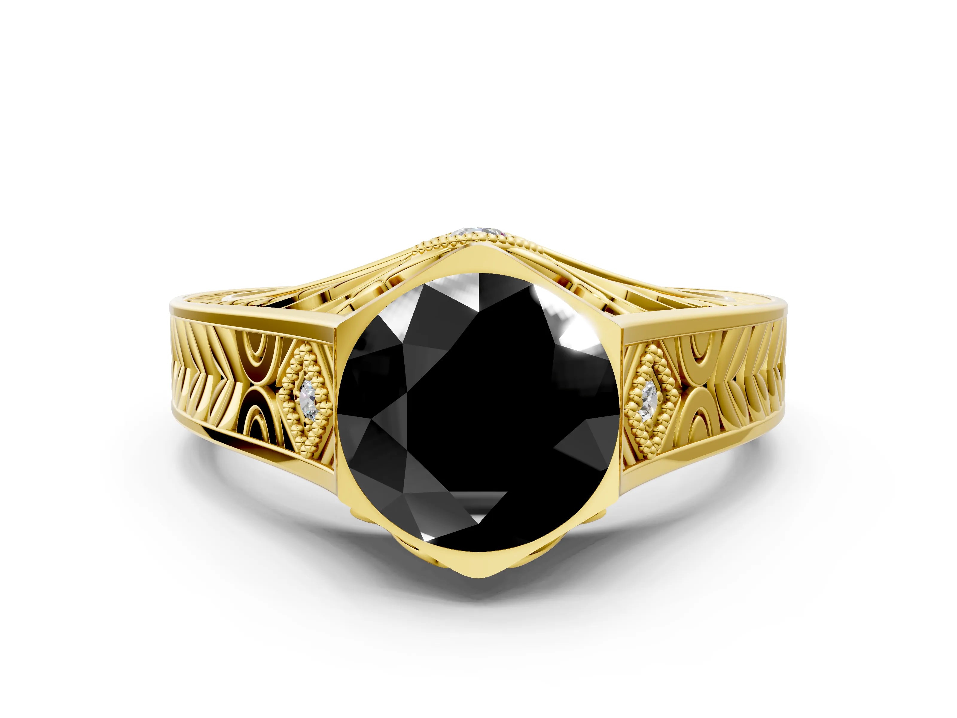 Yellow gold Hexagonal Bezel Fancy Black Round Cut Diamond Engraved Band Prong Ring