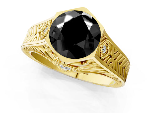 Yellow gold Hexagonal Bezel Fancy Black Round Cut Diamond Engraved Band Prong Ring_1