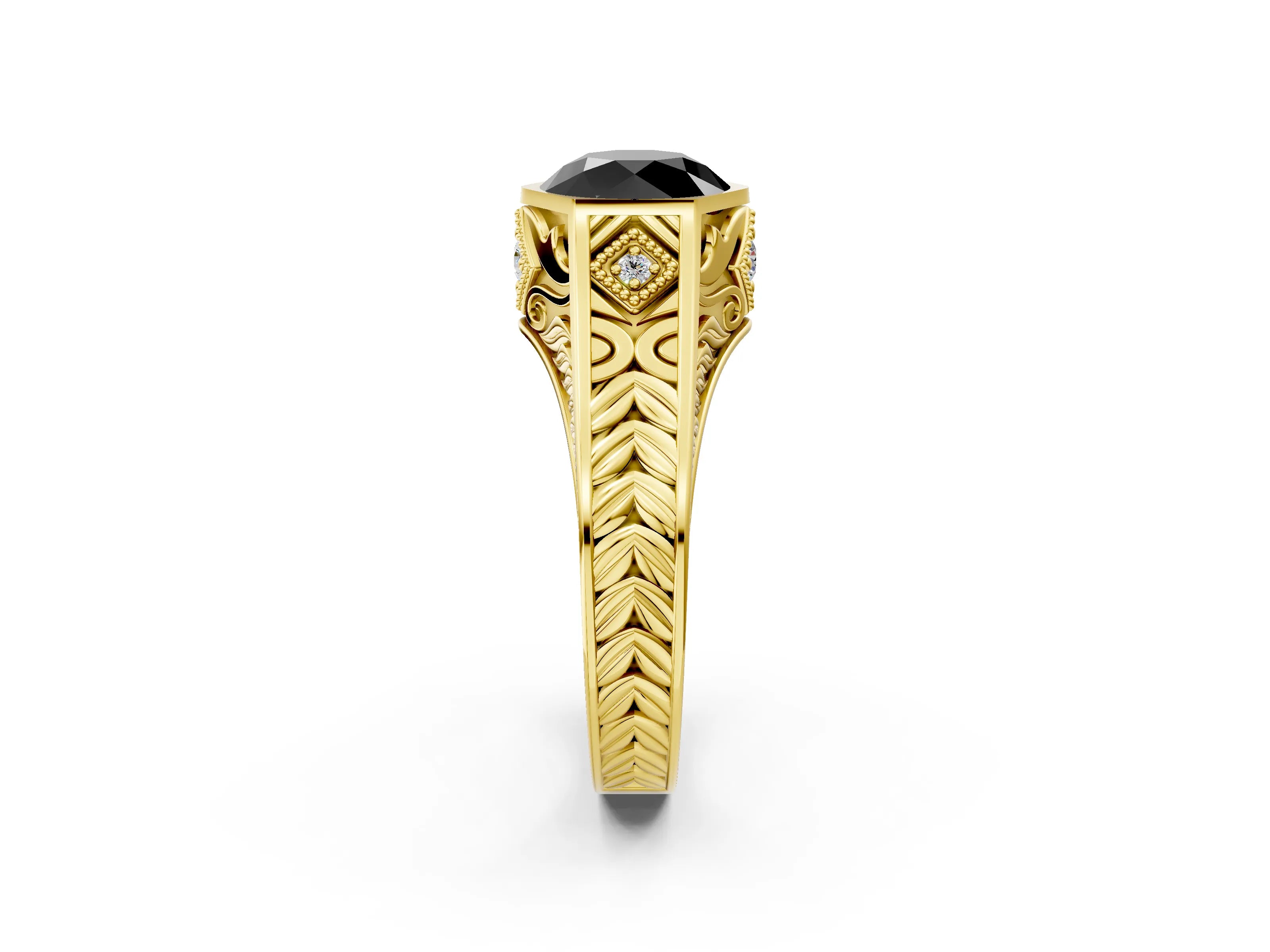 Yellow gold Hexagonal Bezel Fancy Black Round Cut Diamond Engraved Band Prong Ring_2