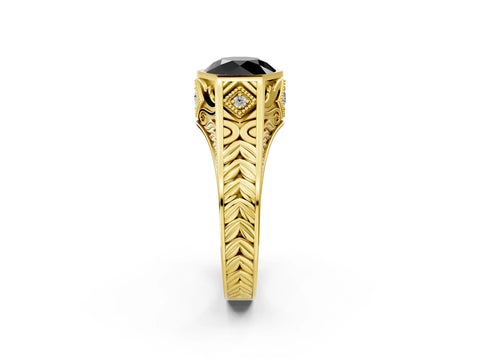 Yellow gold Hexagonal Bezel Fancy Black Round Cut Diamond Engraved Band Prong Ring_2