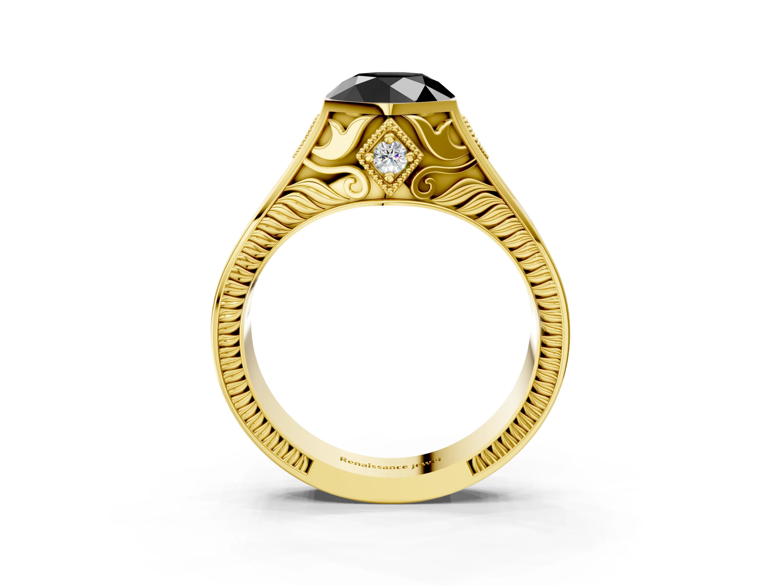 Yellow gold Hexagonal Bezel Fancy Black Round Cut Diamond Engraved Band Prong Ring_3