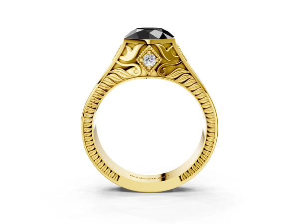Yellow gold Hexagonal Bezel Fancy Black Round Cut Diamond Engraved Band Prong Ring