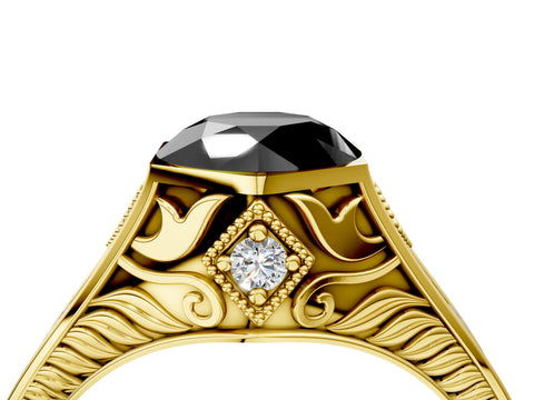 Yellow gold Hexagonal Bezel Fancy Black Round Cut Diamond Engraved Band Prong Ring_4