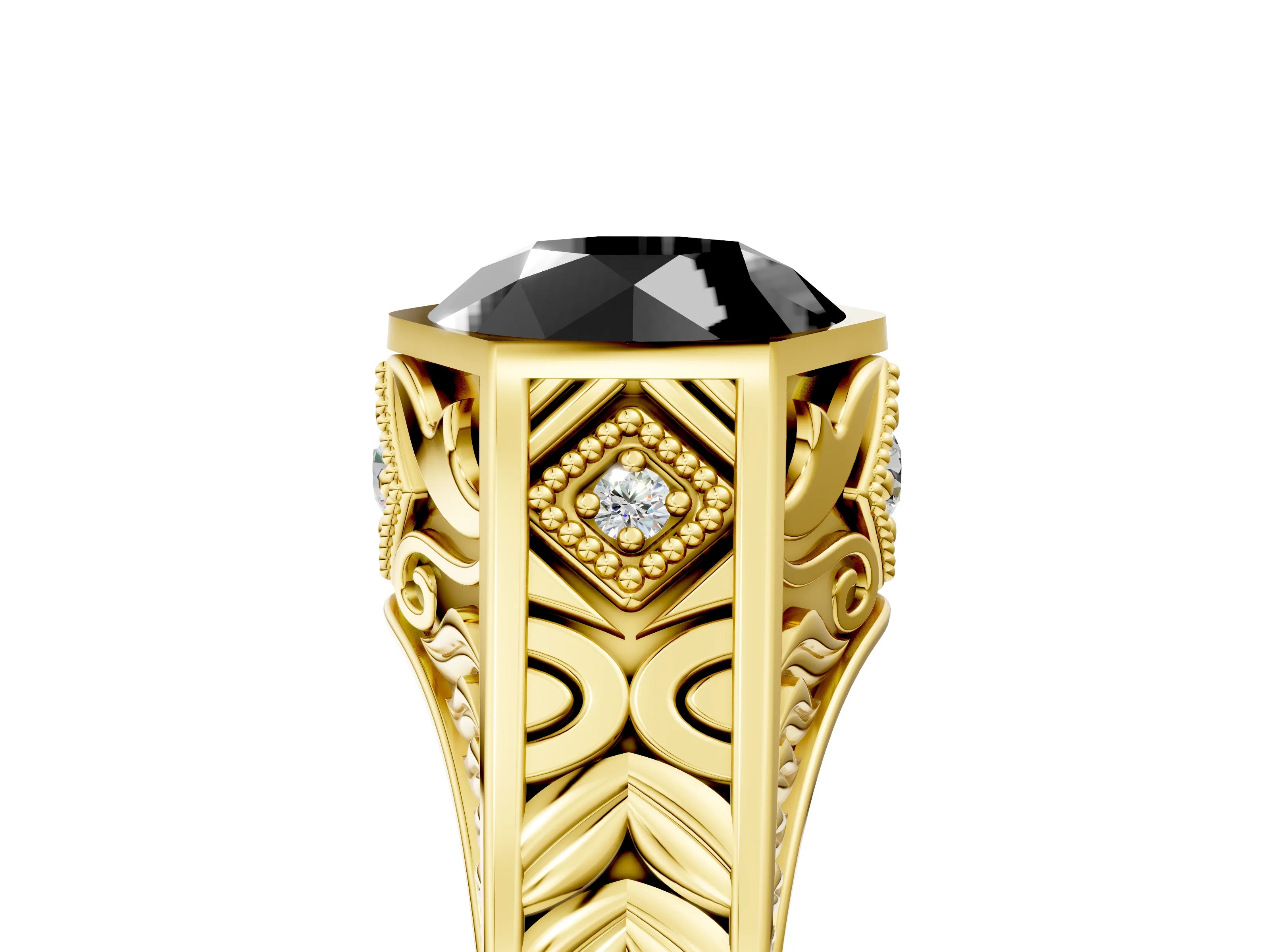 Yellow gold Hexagonal Bezel Fancy Black Round Cut Diamond Engraved Band Prong Ring_5
