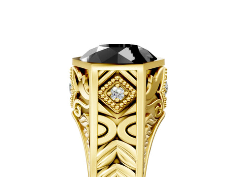 Yellow gold Hexagonal Bezel Fancy Black Round Cut Diamond Engraved Band Prong Ring_5