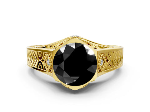 Yellow gold Hexagonal Bezel Fancy Black Round Cut Diamond Engraved Band Prong Ring