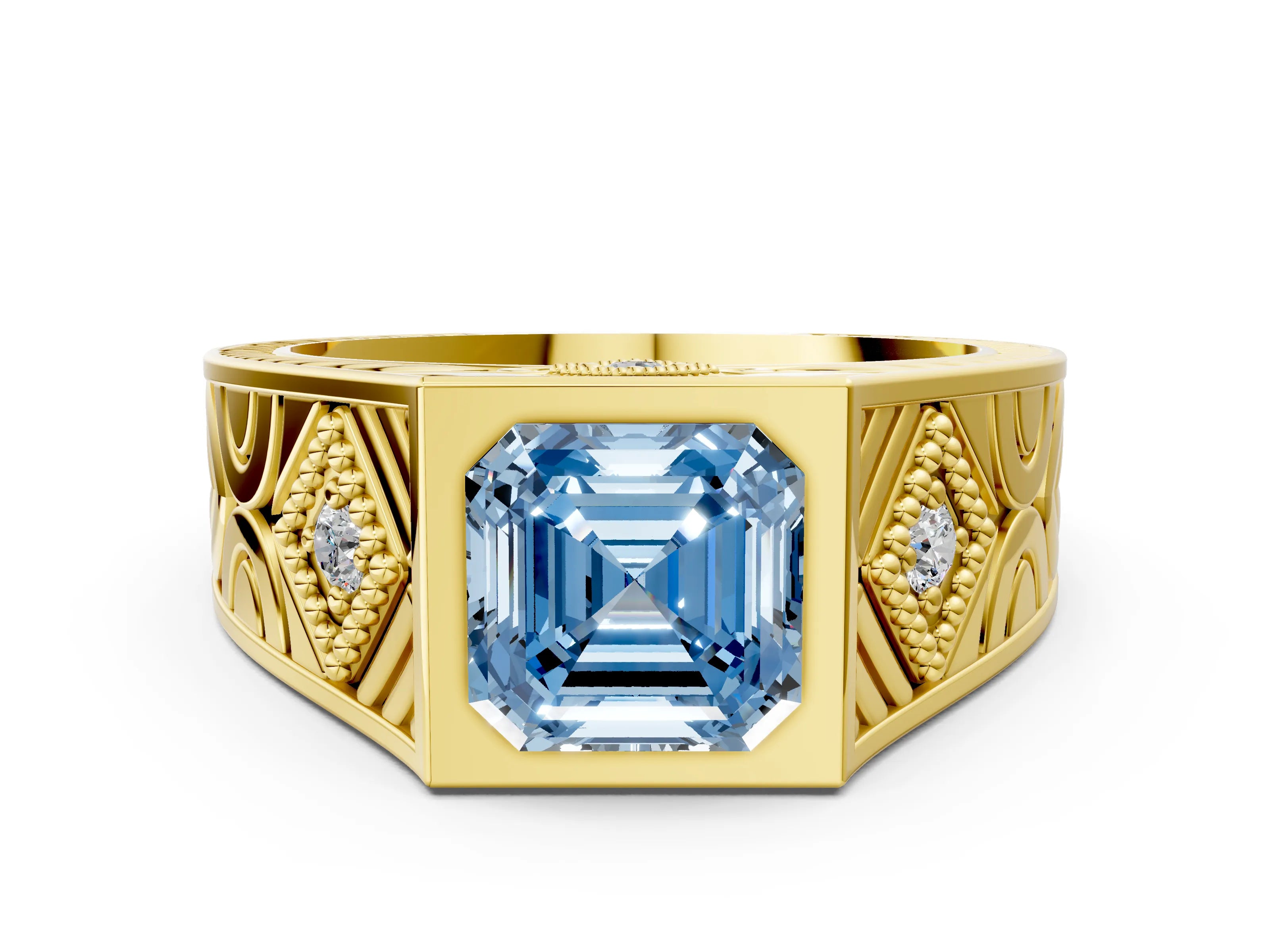Yellow gold Hexagonal Bezel Fancy Blue Asscher Cut Diamond Engraved Band Prong Ring