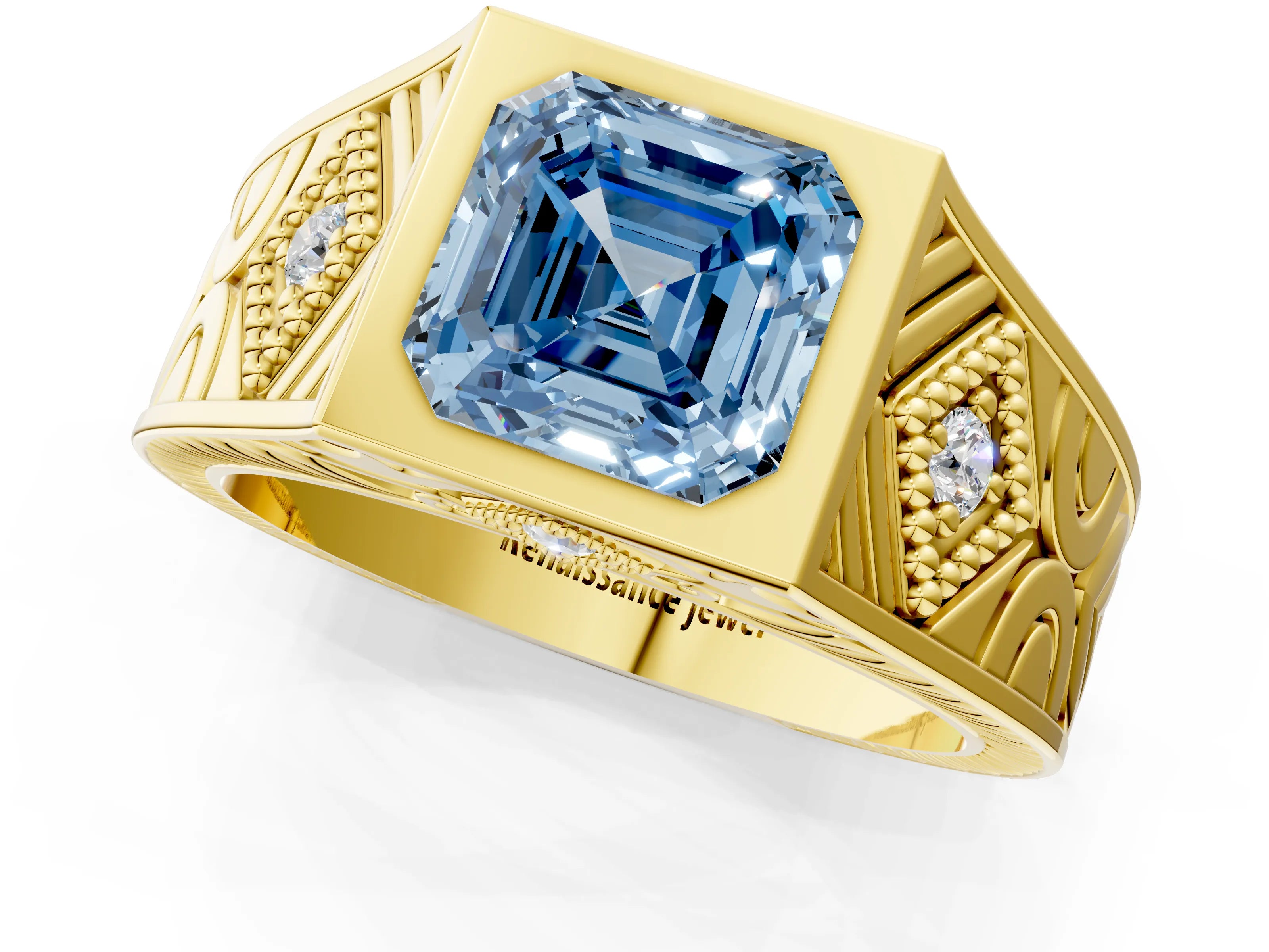 Yellow gold Hexagonal Bezel Fancy Blue Asscher Cut Diamond Engraved Band Prong Ring_1