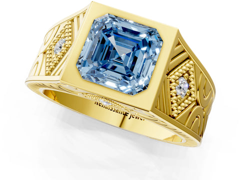 Yellow gold Hexagonal Bezel Fancy Blue Asscher Cut Diamond Engraved Band Prong Ring_1