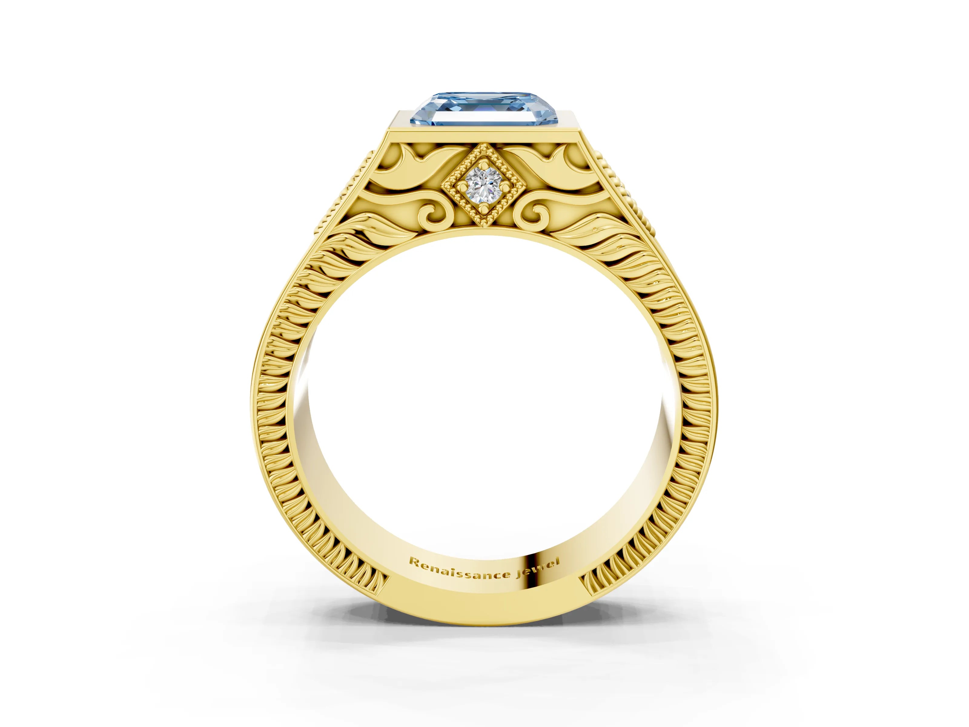Yellow gold Hexagonal Bezel Fancy Blue Asscher Cut Diamond Engraved Band Prong Ring_3