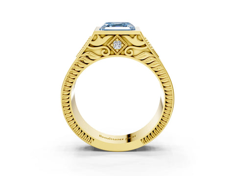 Yellow gold Hexagonal Bezel Fancy Blue Asscher Cut Diamond Engraved Band Prong Ring_3