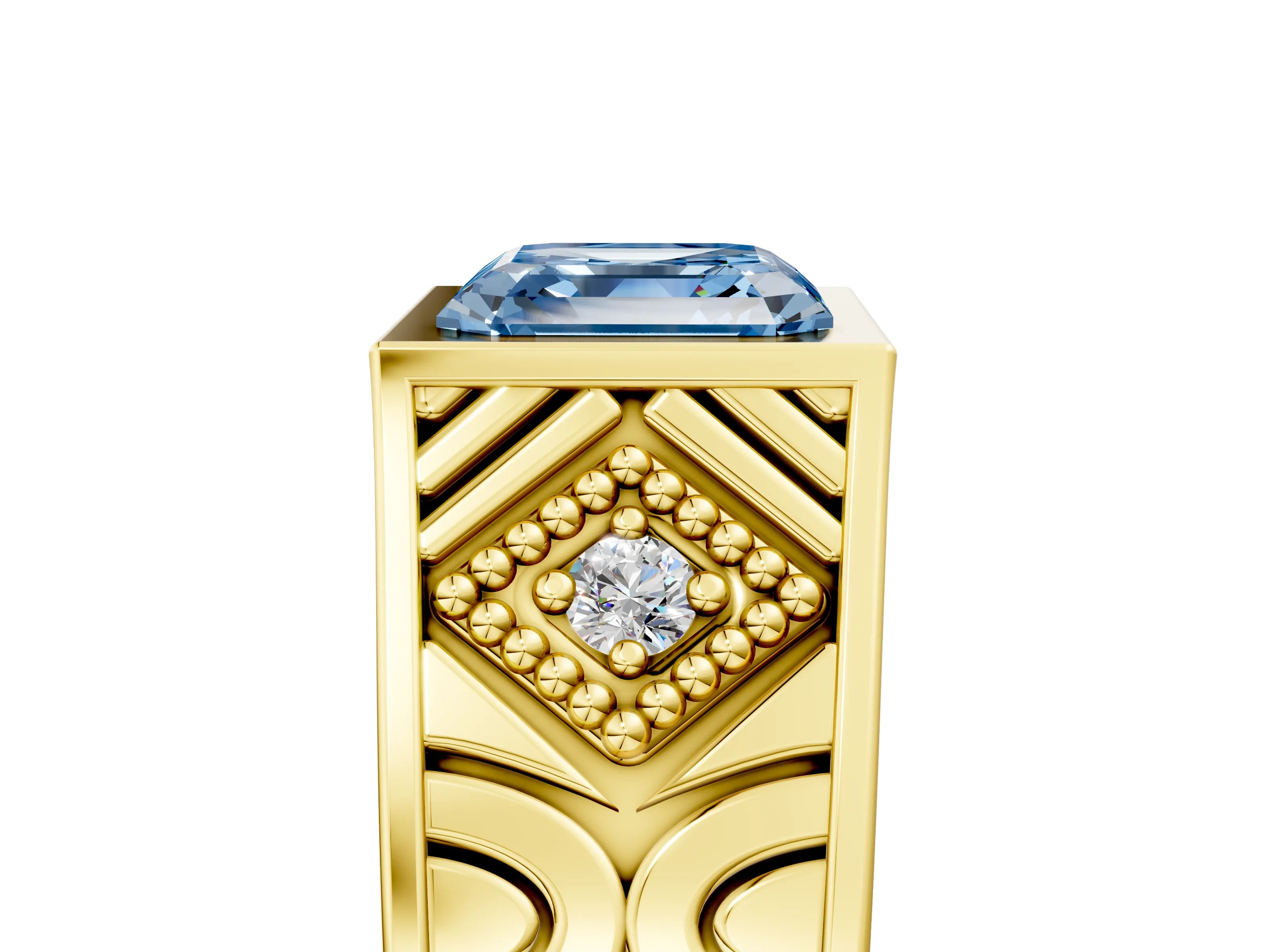 Yellow gold Hexagonal Bezel Fancy Blue Asscher Cut Diamond Engraved Band Prong Ring_5