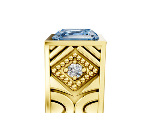 Yellow gold Hexagonal Bezel Fancy Blue Asscher Cut Diamond Engraved Band Prong Ring_5