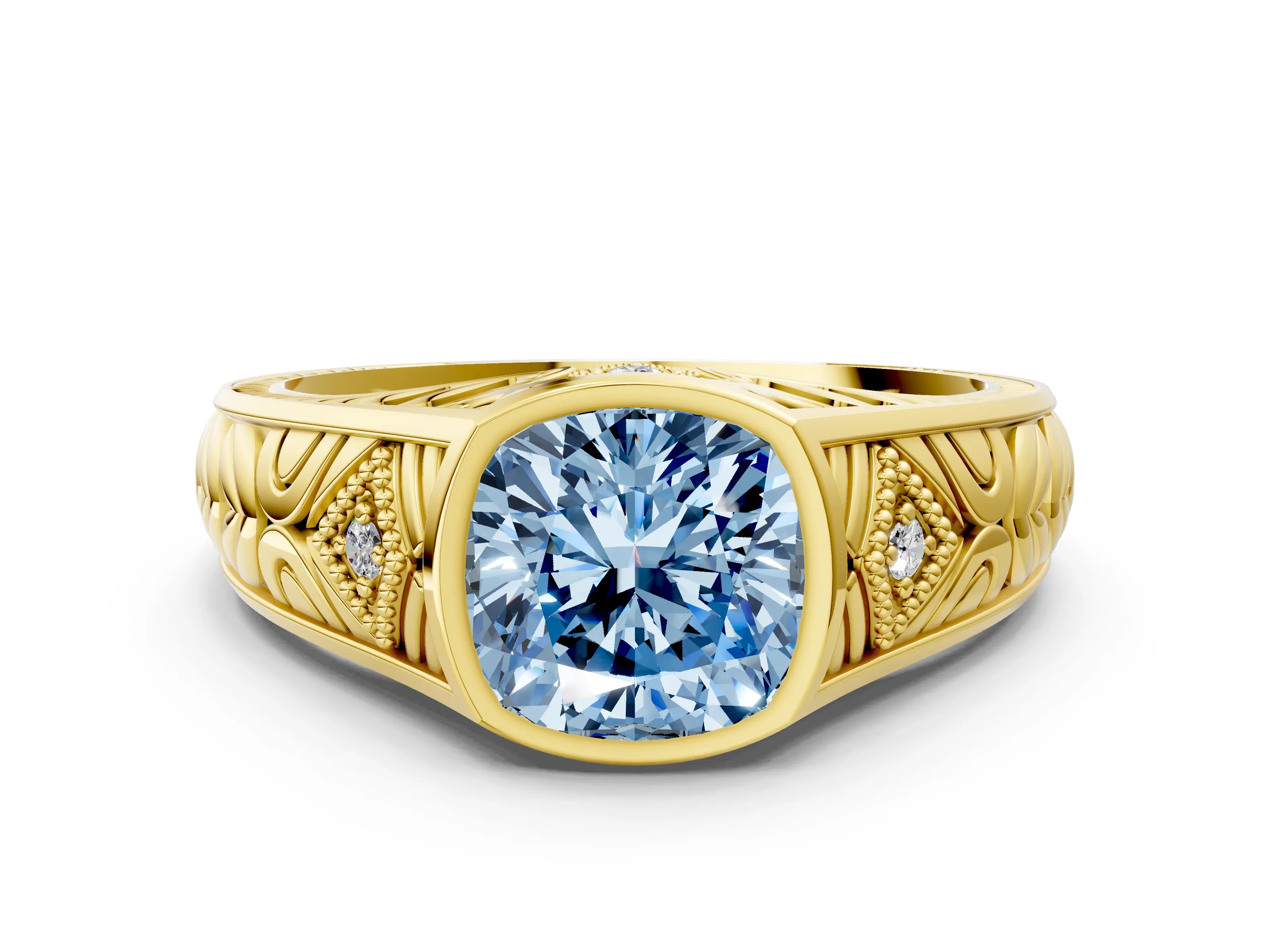 Yellow gold Hexagonal Bezel Fancy Blue Cushion Cut Diamond Engraved Band Prong Ring