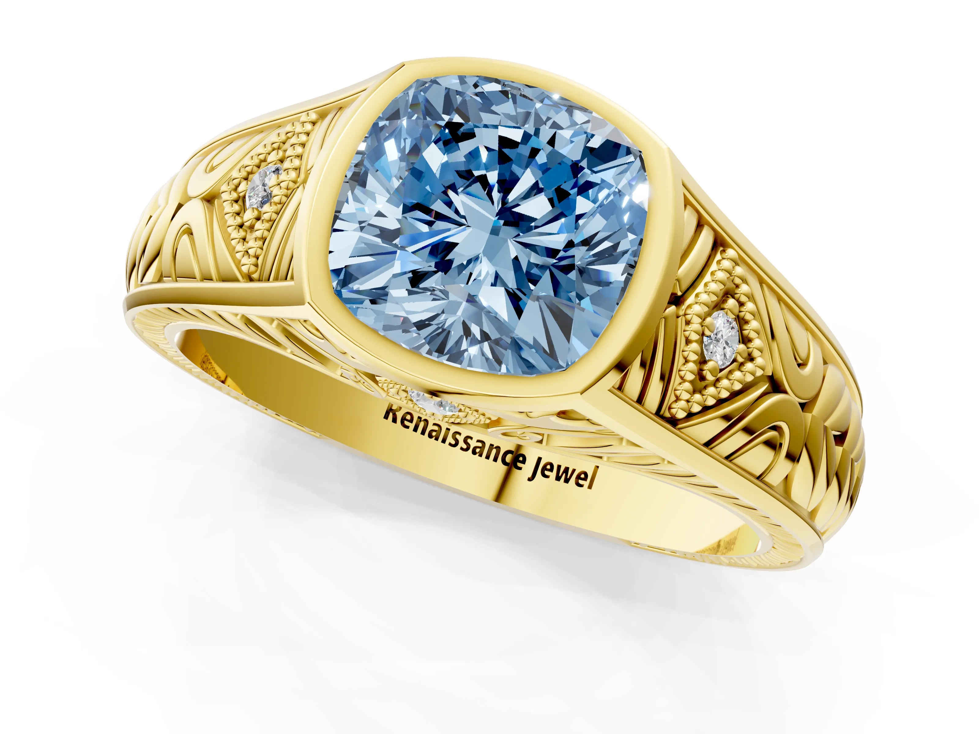 Yellow gold Hexagonal Bezel Fancy Blue Cushion Cut Diamond Engraved Band Prong Ring_1