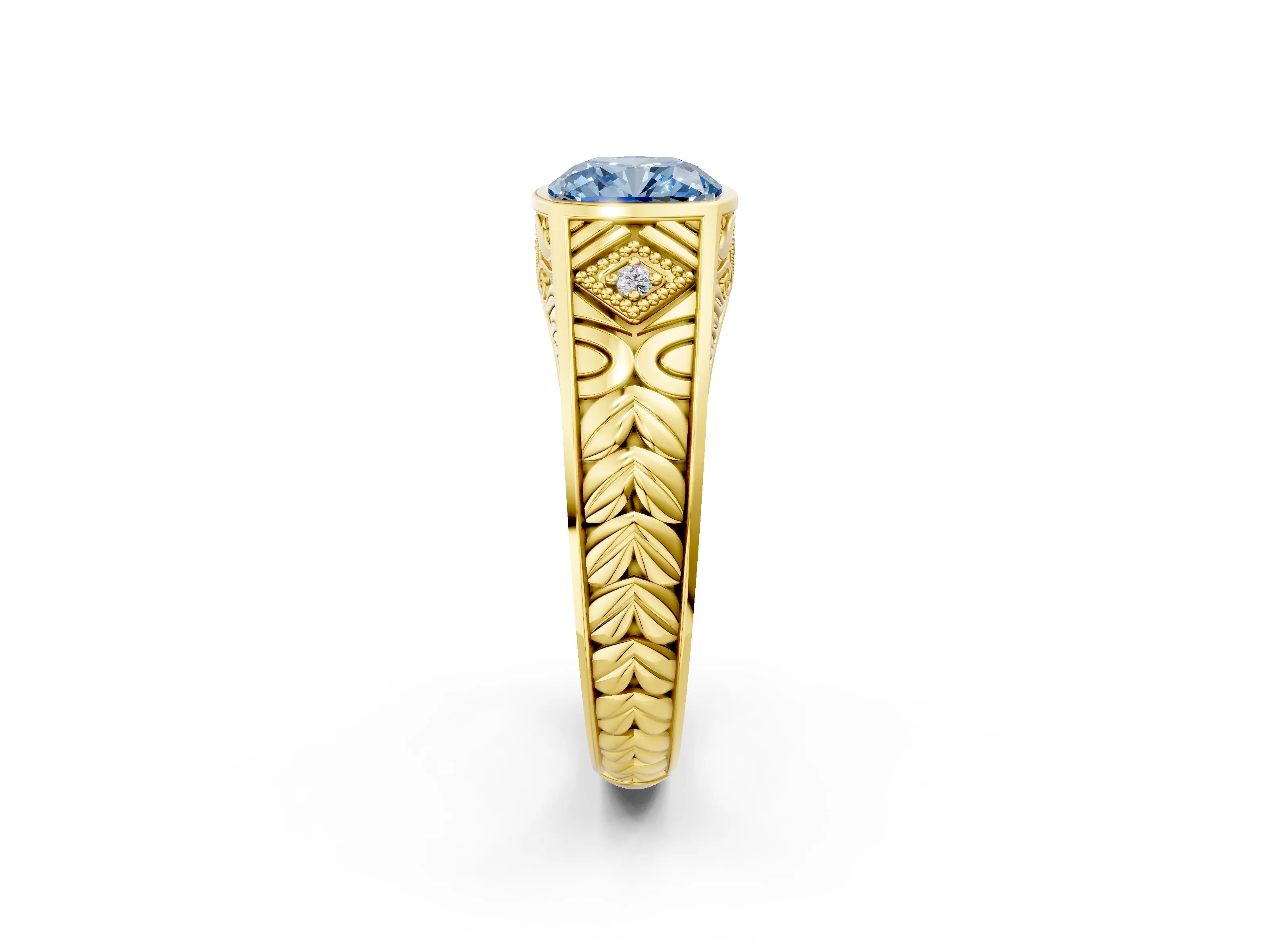 Yellow gold Hexagonal Bezel Fancy Blue Cushion Cut Diamond Engraved Band Prong Ring_2