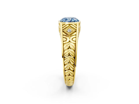 Yellow gold Hexagonal Bezel Fancy Blue Cushion Cut Diamond Engraved Band Prong Ring_2