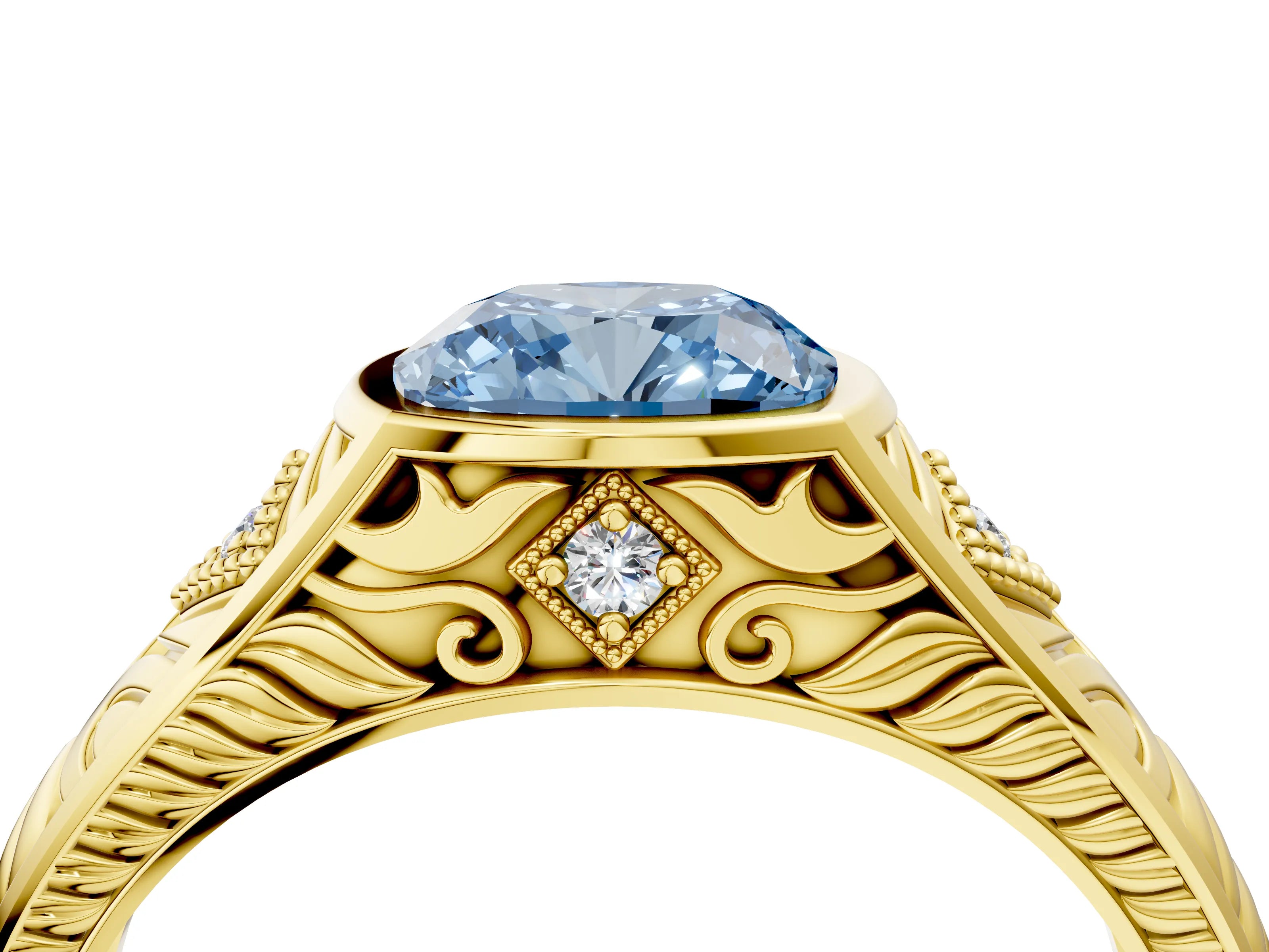 Yellow gold Hexagonal Bezel Fancy Blue Cushion Cut Diamond Engraved Band Prong Ring_4