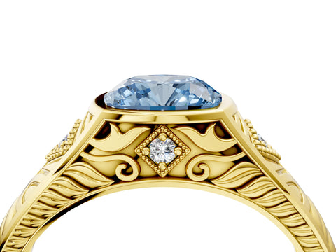 Yellow gold Hexagonal Bezel Fancy Blue Cushion Cut Diamond Engraved Band Prong Ring_4