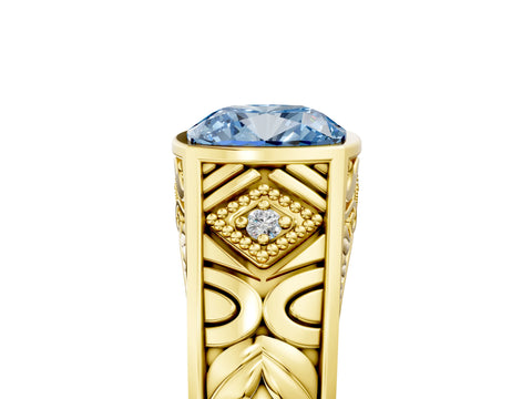 Yellow gold Hexagonal Bezel Fancy Blue Cushion Cut Diamond Engraved Band Prong Ring_5