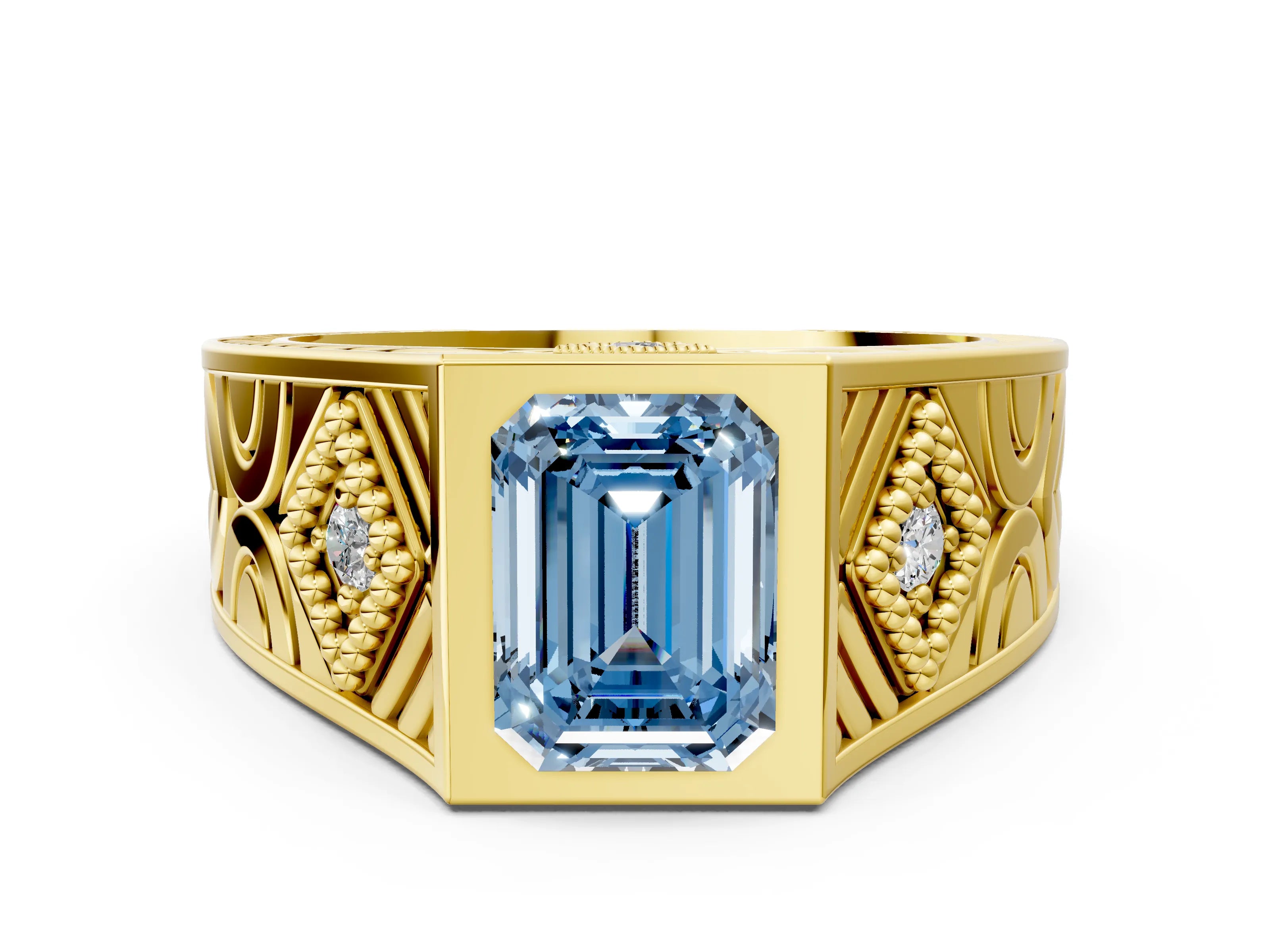 Yellow gold Hexagonal Bezel Fancy Blue Emerald Cut Diamond Engraved Band Prong Ring
