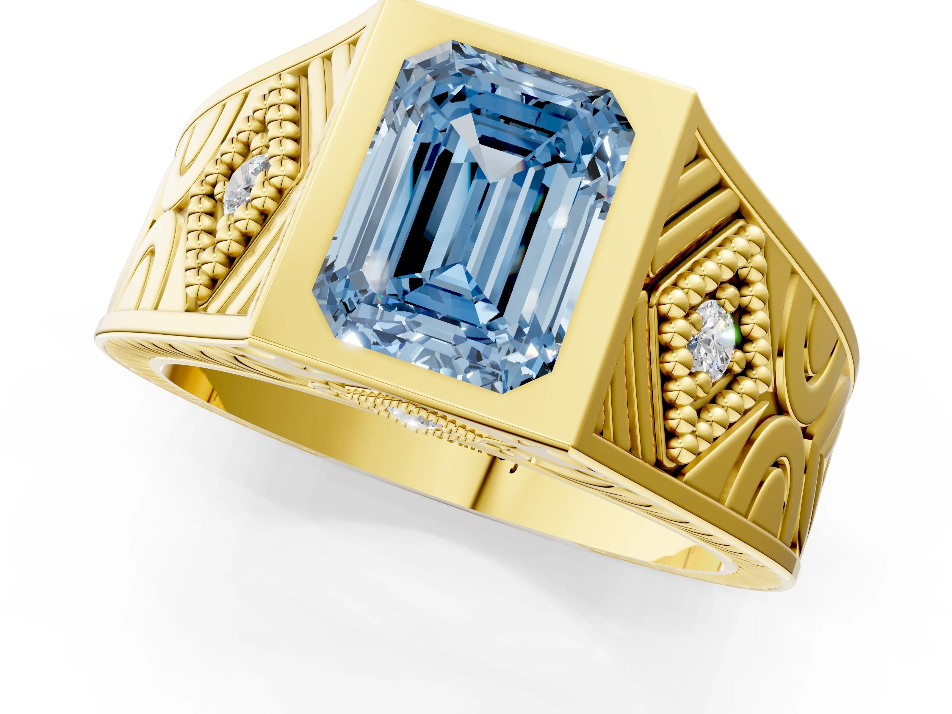 Yellow gold Hexagonal Bezel Fancy Blue Emerald Cut Diamond Engraved Band Prong Ring_1