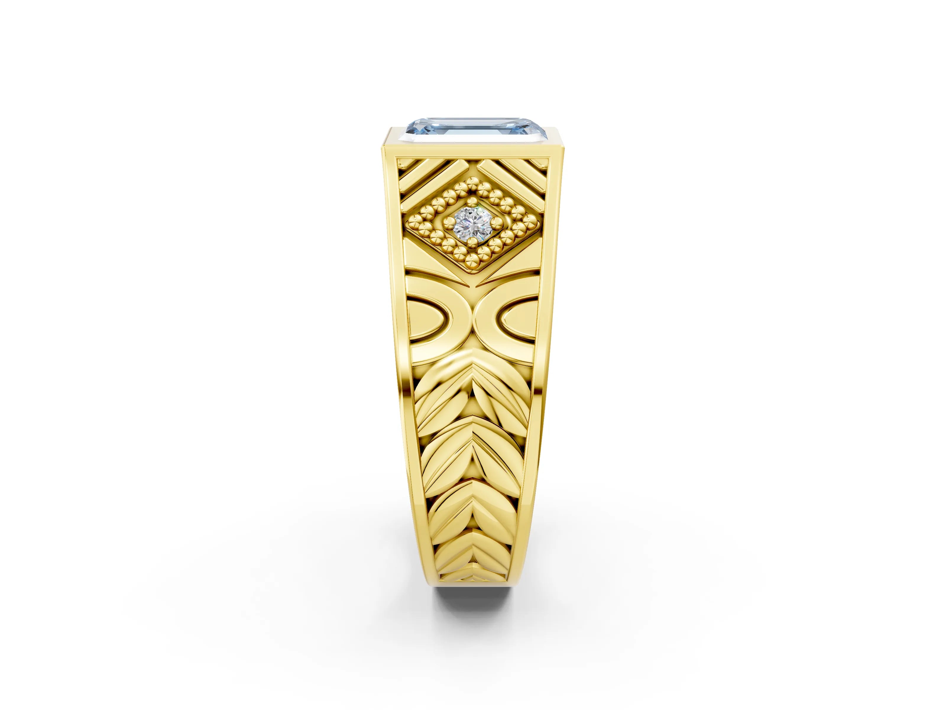 Yellow gold Hexagonal Bezel Fancy Blue Emerald Cut Diamond Engraved Band Prong Ring_2