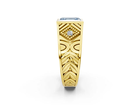 Yellow gold Hexagonal Bezel Fancy Blue Emerald Cut Diamond Engraved Band Prong Ring_2
