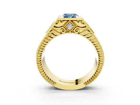 Yellow gold Hexagonal Bezel Fancy Blue Emerald Cut Diamond Engraved Band Prong Ring_3