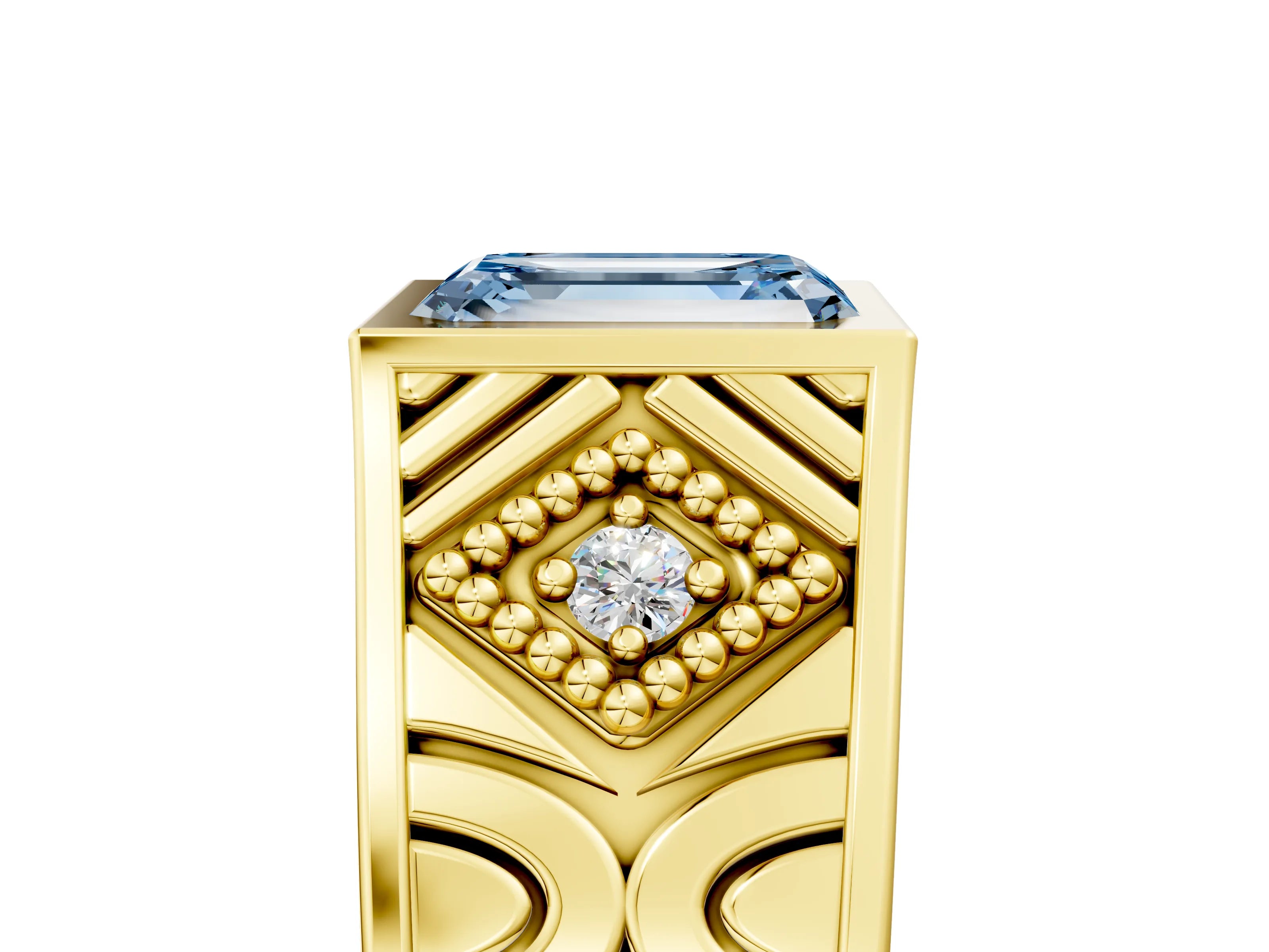 Yellow gold Hexagonal Bezel Fancy Blue Emerald Cut Diamond Engraved Band Prong Ring_5