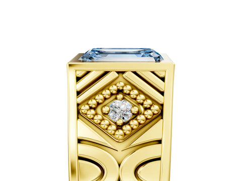 Yellow gold Hexagonal Bezel Fancy Blue Emerald Cut Diamond Engraved Band Prong Ring_5