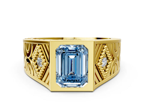 Yellow gold Hexagonal Bezel Fancy Blue Emerald Cut Diamond Engraved Band Prong Ring
