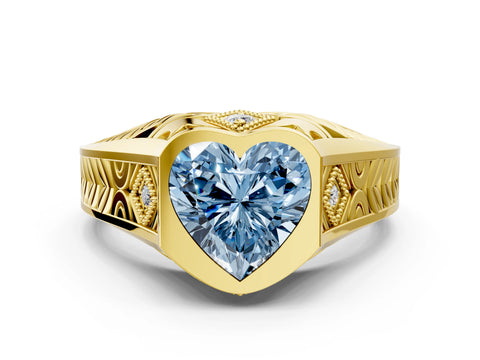 Yellow gold Hexagonal Bezel Fancy Blue Heart Cut Diamond Engraved Band Prong Ring_24