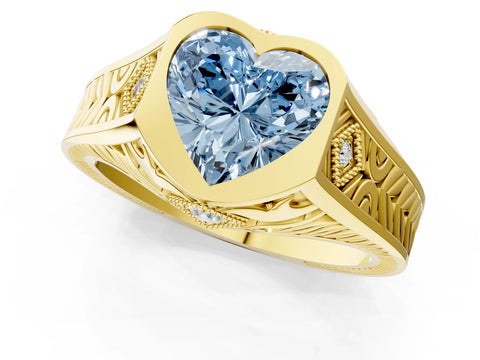 Yellow gold Hexagonal Bezel Fancy Blue Heart Cut Diamond Engraved Band Prong Ring_25