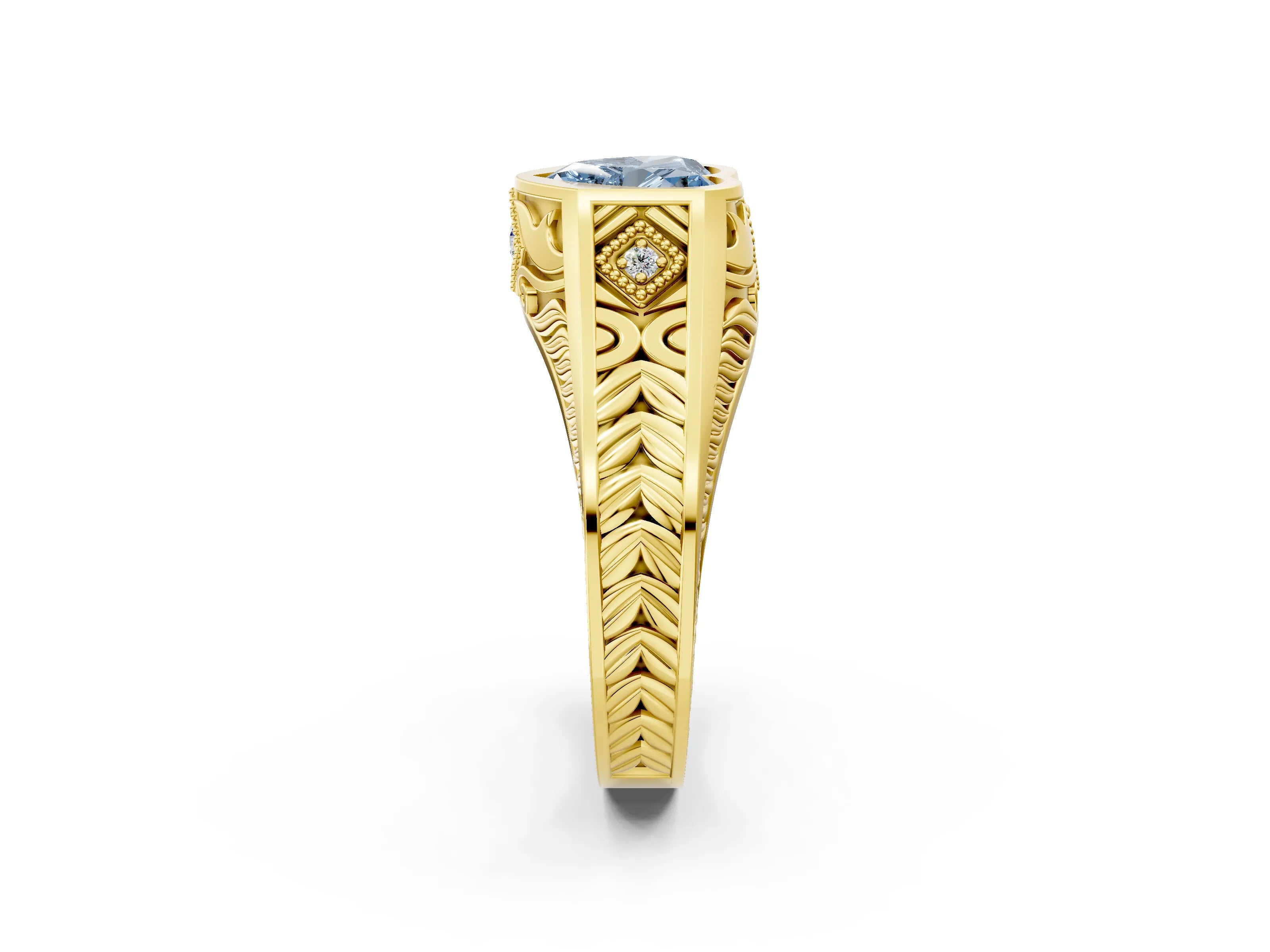 Yellow gold Hexagonal Bezel Fancy Blue Heart Cut Diamond Engraved Band Prong Ring_26