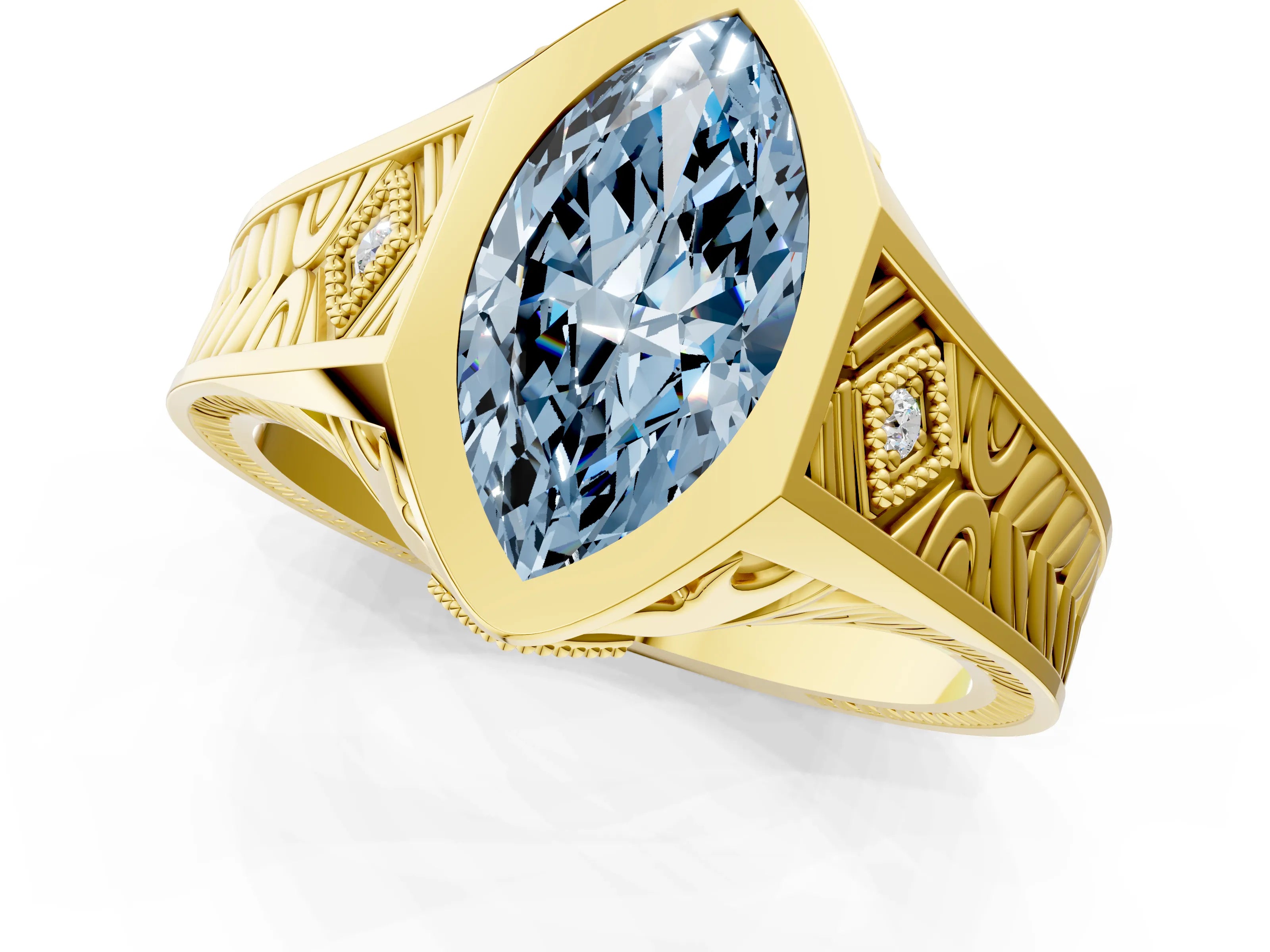 Yellow gold Hexagonal Bezel Fancy Blue Marquise Cut Diamond Engraved Band Prong Ring_1