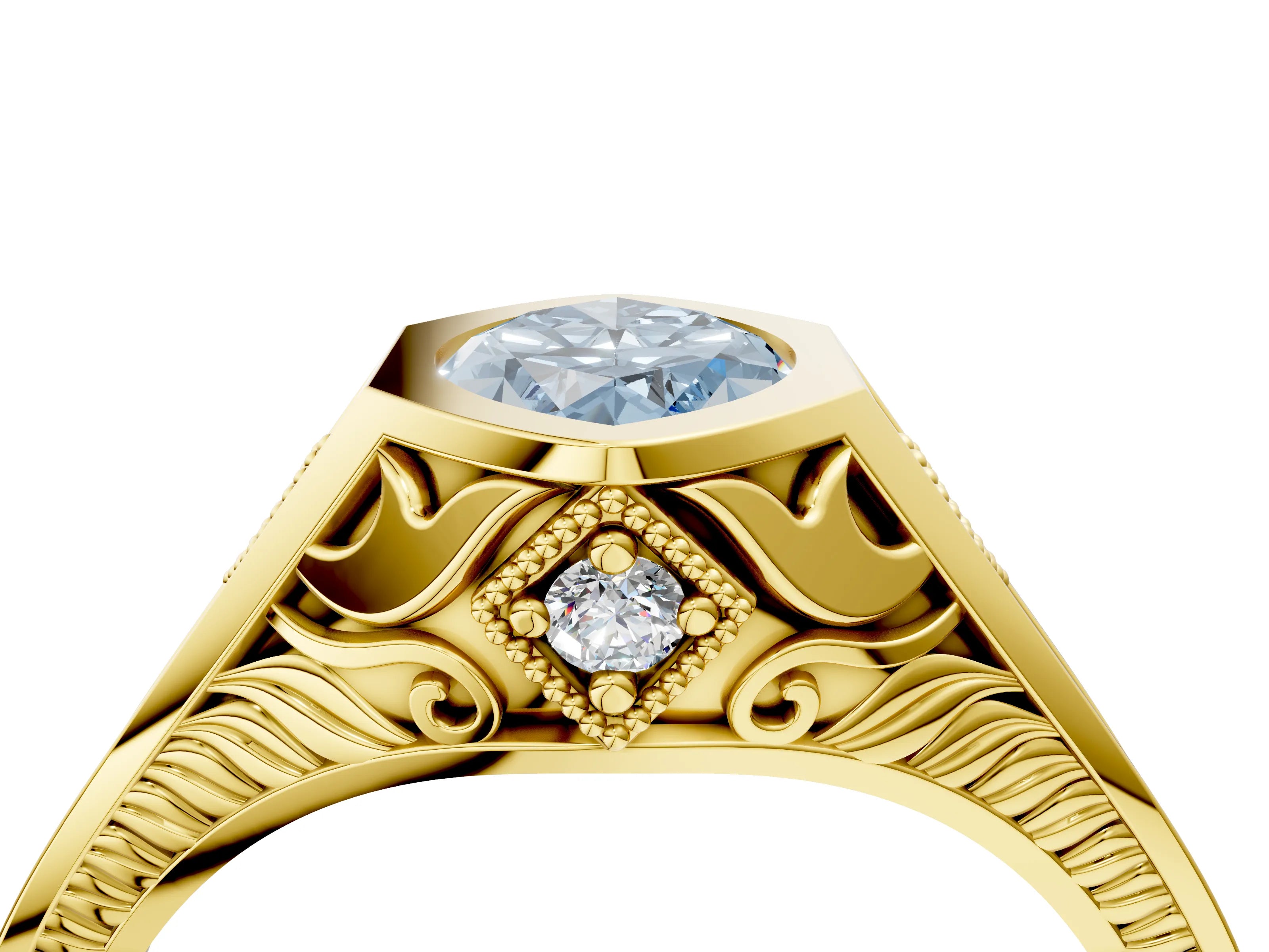 Yellow gold Hexagonal Bezel Fancy Blue Marquise Cut Diamond Engraved Band Prong Ring_4