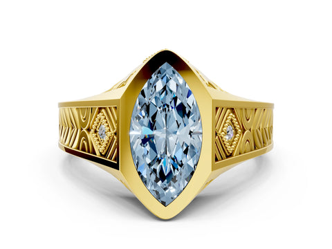 Yellow gold Hexagonal Bezel Fancy Blue Marquise Cut Diamond Engraved Band Prong Ring