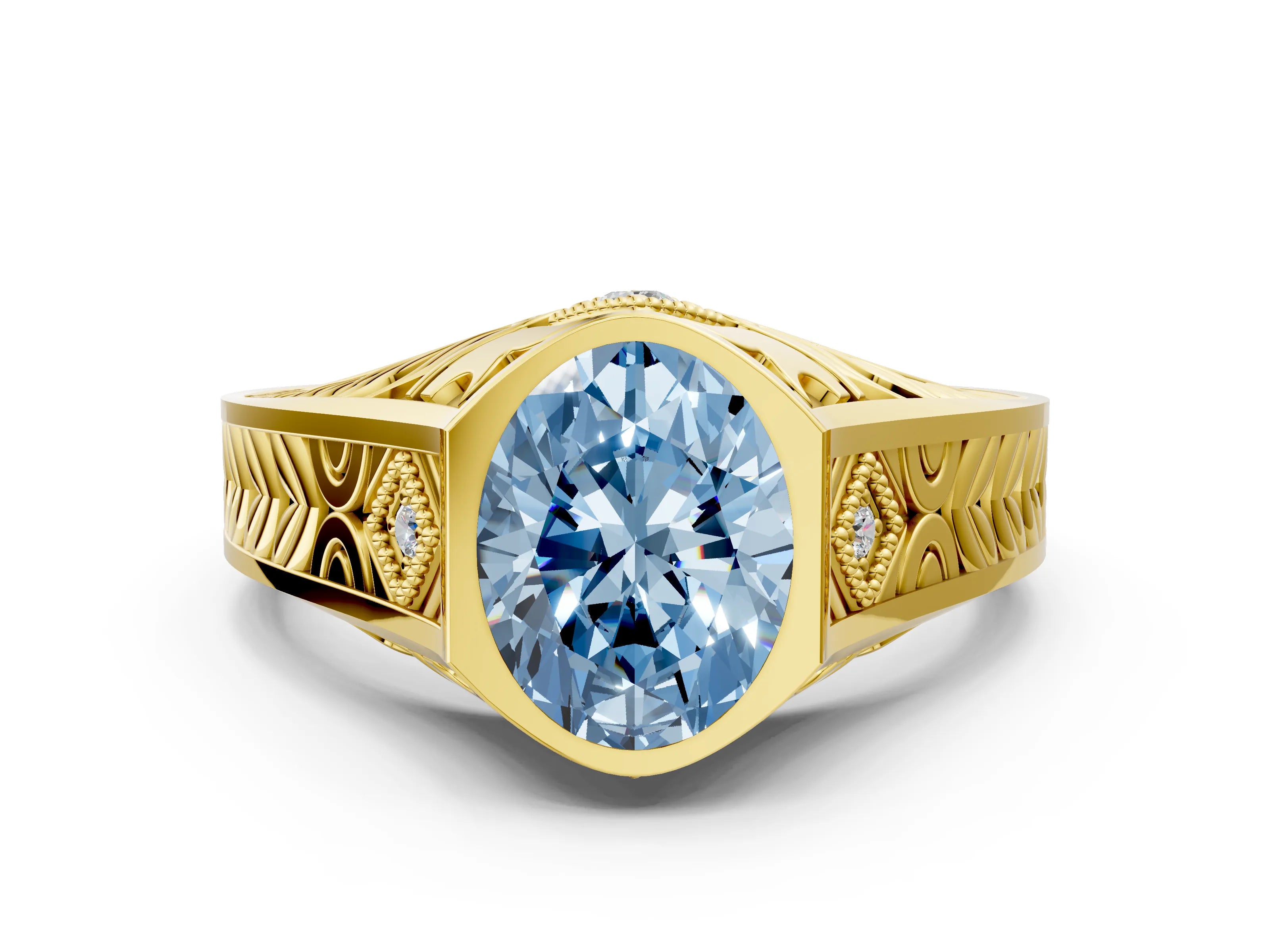 Yellow gold Hexagonal Bezel Fancy Blue Oval Cut Diamond Engraved Band Prong Ring