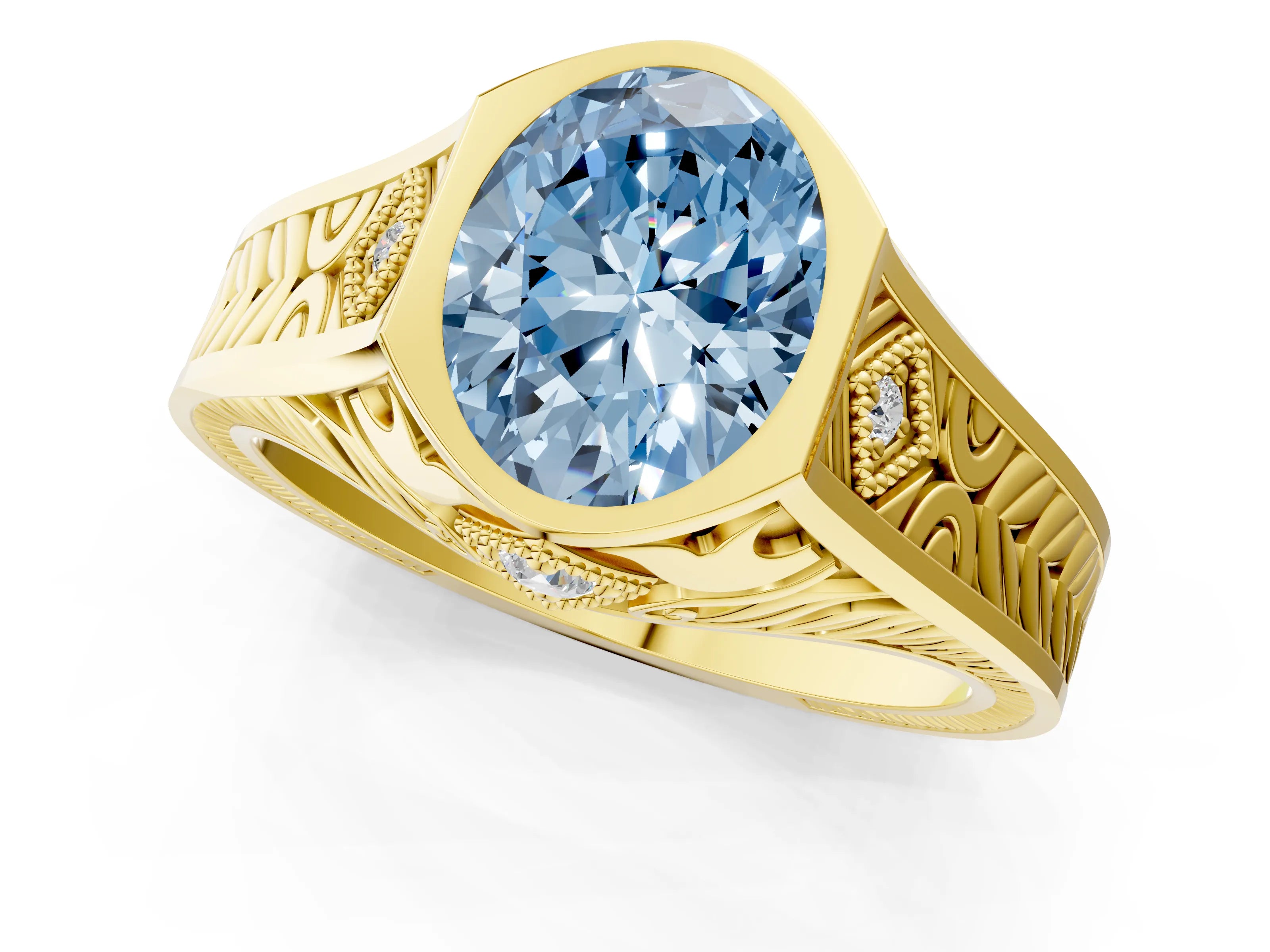 Yellow gold Hexagonal Bezel Fancy Blue Oval Cut Diamond Engraved Band Prong Ring_1