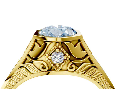 Yellow gold Hexagonal Bezel Fancy Blue Oval Cut Diamond Engraved Band Prong Ring_4