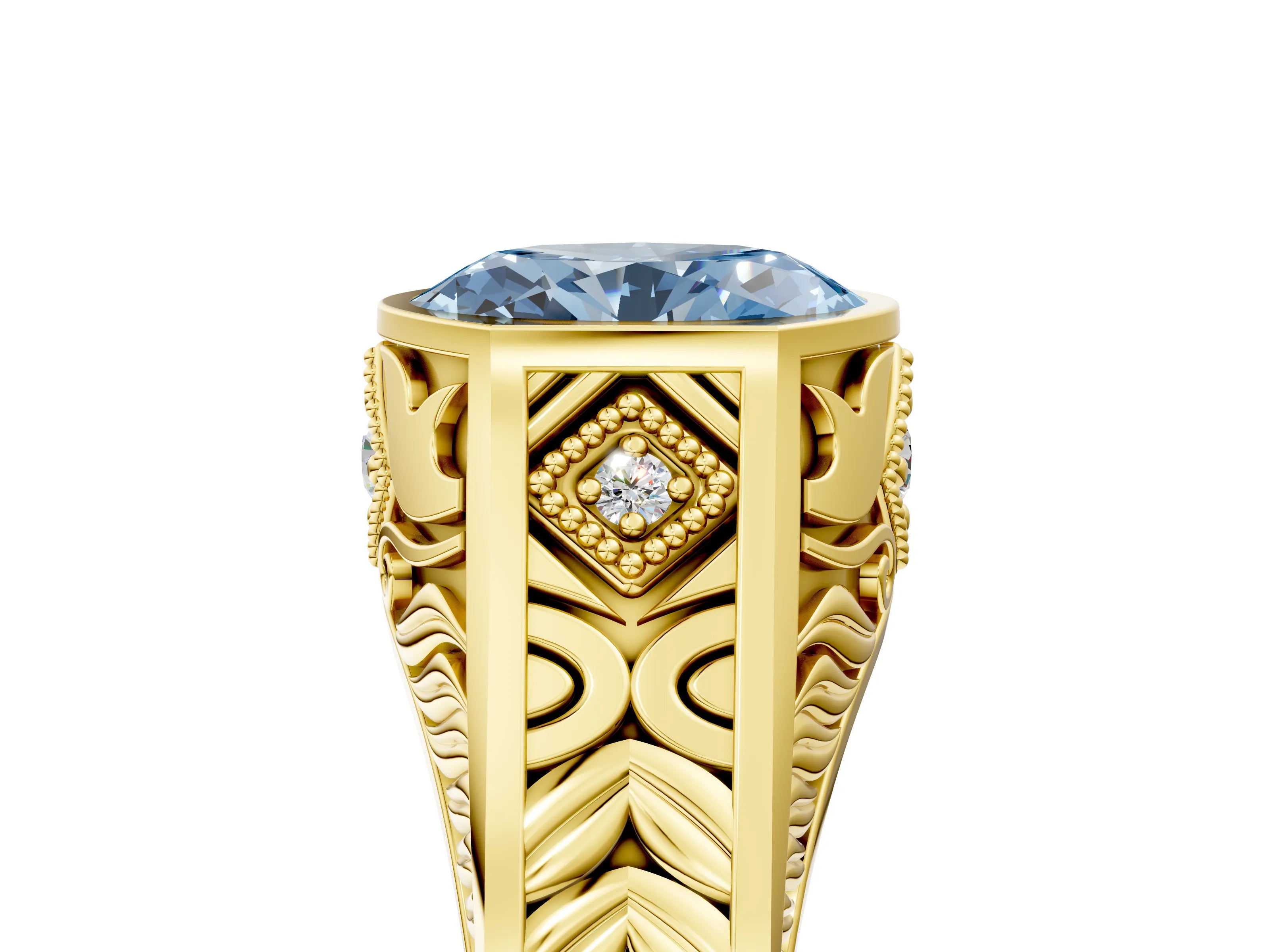 Yellow gold Hexagonal Bezel Fancy Blue Oval Cut Diamond Engraved Band Prong Ring_5