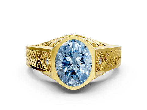 Yellow gold Hexagonal Bezel Fancy Blue Oval Cut Diamond Engraved Band Prong Ring