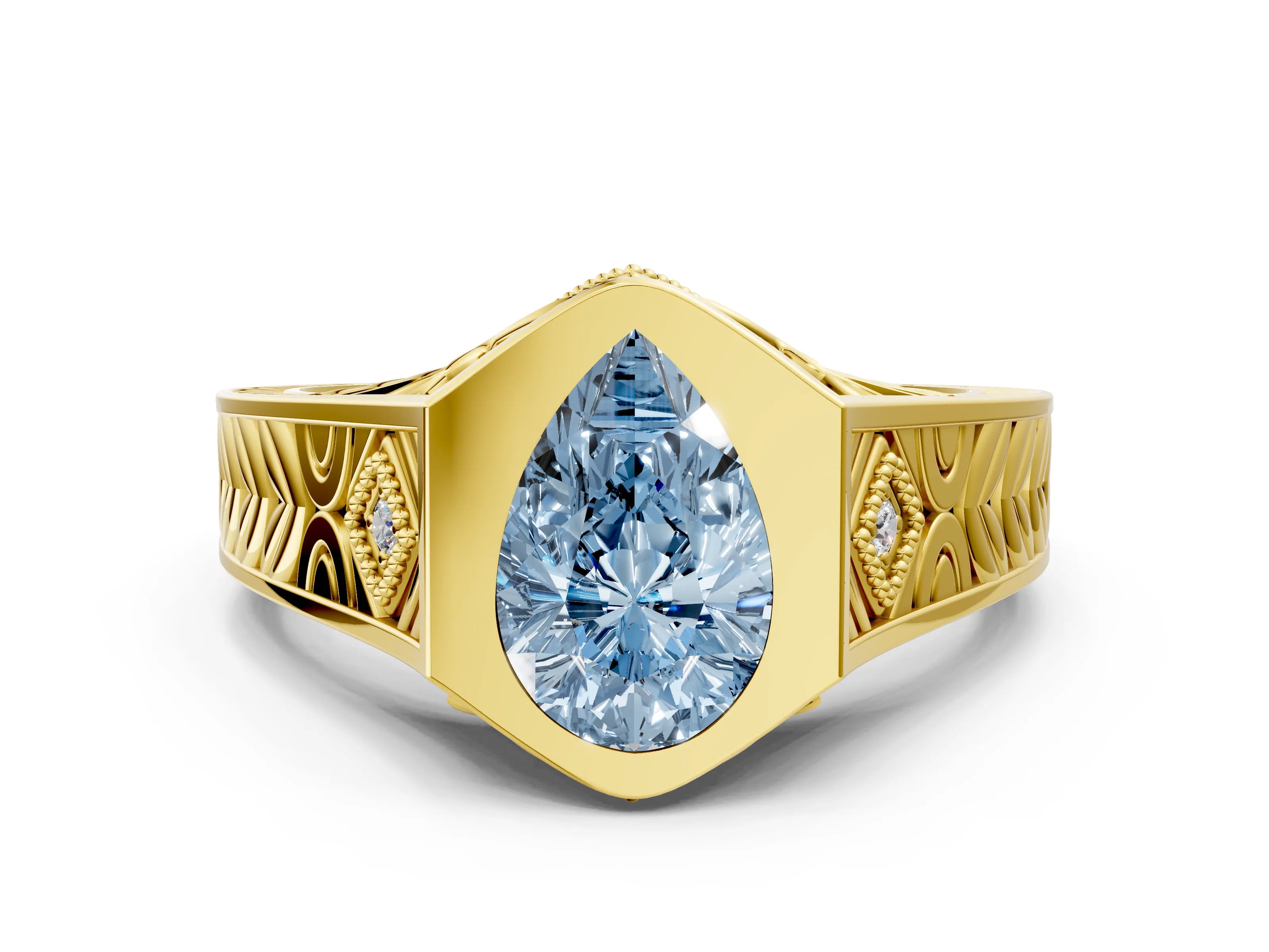 Yellow gold Hexagonal Bezel Fancy Blue Pear Cut Diamond Engraved Band Prong Ring_12