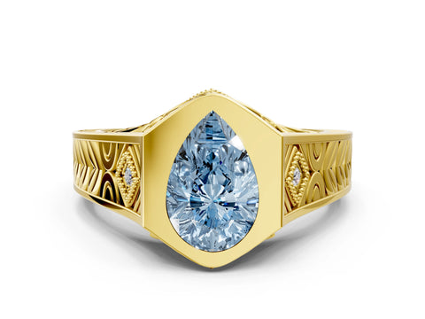 Yellow gold Hexagonal Bezel Fancy Blue Pear Cut Diamond Engraved Band Prong Ring_12